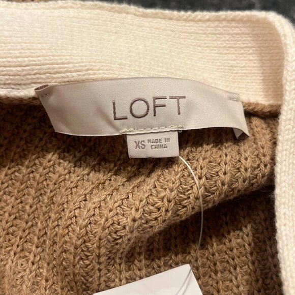 LOFT Women's Tan & Ivory Trim Button Down Tipped Boyfriend Cardigan Size XS NEW - Picture 3 of 6